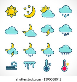 Modern color flat outline weather icons set. Collection contains such Icons as sunny, windy, icicles, thunderstorm, rainy and more for print, web or mobile app