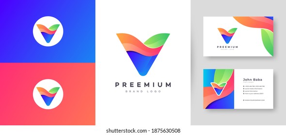Logotipo moderno de gradiente de color Carta V con plantilla de vectores de diseño de tarjetas de visita premium para su empresa	