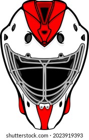 Modern color illustration of a hockey goalie mask front view. Red and white design but easy to edit. Eps vector graphic.