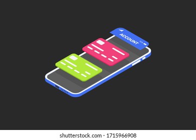 Modern color interface of a banking application for a smartphone on a dark background. Bank card selection menu for viewing information. Intuitive user interface.