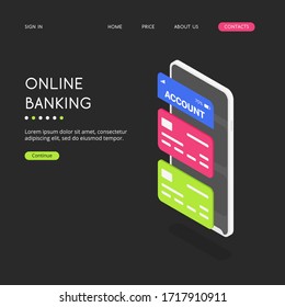 Modern color interface of a banking application for a smartphone on a dark background. Bank card selection menu for viewing information. Intuitive user interface.