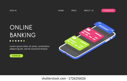Modern color interface of a banking application for a smartphone on a dark background. Bank card selection menu for viewing information. Intuitive user interface.