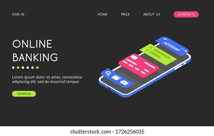 Modern color interface of a banking application for a smartphone against a dark background. Application web design icons hang over the smartphone. Intuitive user interface.