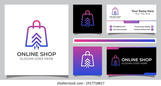 Modern Color Logo Of Online Shop With Swipe Up Symbol, Fast Shopping Market Logo And Business Card