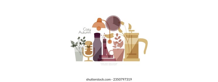 Modern color set of objects. Cozy autumn card.	