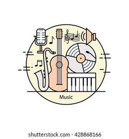 Modern color thin line art design music. Vector illustration with different elements. Graphic element for schools and conservatories.