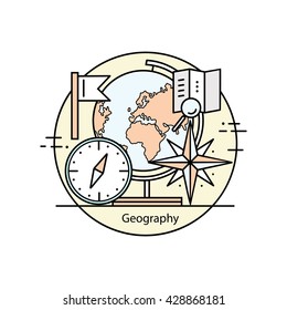Modern color thin line concept of geography for school, university and training.Vector illustration with different elements.  Logo Concepts for designs.