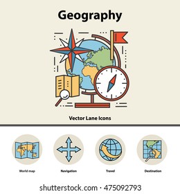 Modern color thin line concept of geography for school, university and training. Art design icons in flat style. Logo for trendy designs. Vector line background.