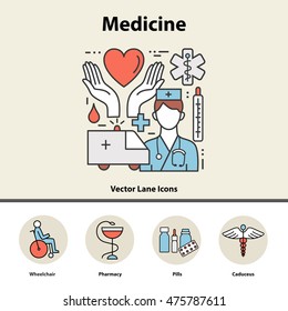 Modern color thin line concept of medicine and health symbols. Art design icons in flat style. Logo for trendy designs. Vector line background.