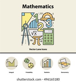 Modern color thin line concept of mathematics for school, university and training. Vector illustration with different elements on the subject mathematics. Logo Concepts for Trendy Designs.