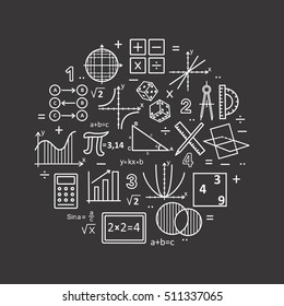 Modern color thin line concept of mathematics on a black background. Vector illustration with different elements on the subject mathematics. Logo Concepts for Trendy Designs.