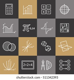 Modern color thin line concept of mathematics on a black background. Vector illustration with different elements on the subject mathematics. Logo Concepts for Trendy Designs.