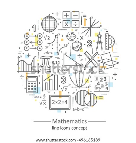 Modern color thin line concept of mathematics for school, university and training. Vector illustration with different elements on the subject mathematics. Logo Concepts for Trendy Designs.