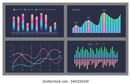 Modern color ui graphics and charts infographics on a dark background. Web design vector template 