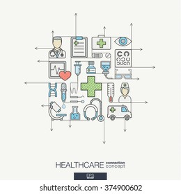 Modern color vector concept, with connected flat design icons. Abstract illustration for medical, health, care, medicine, network and global concepts.