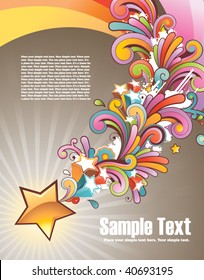 Modern colored background with shooting glossy star and floral elements