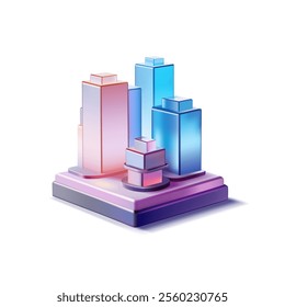 Modern colored glass city, 3D. Beautiful icon of the city of the future. Development and construction, commercial buildings and infrastructure. Vector