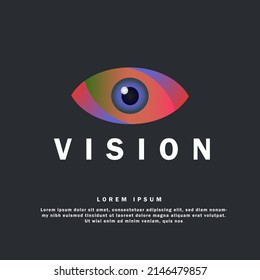 Modern colored logo eye in a futuristic style. Vector illustration on a dark background. Logotype concept. Colorful Eye Logo vision. EPS 10