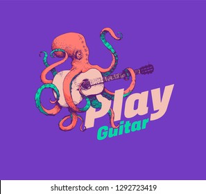 Modern Colored Octopus Playing Guitar, Hand Drawn, Vintage Vector Illustration. Hipster Sea Animal Poster, Modern Drawing. Illustration For Restaurant Menu. Cool Designed Guitar Solo And Seafood.