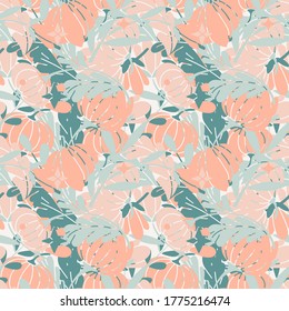 Modern colored seamless pastel pattern with flowers. Green, orange, light blue and pink colors
