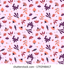 Modern colored seamless pink pattern with flowers and geometric elements. Purple, red, pink and orange colors