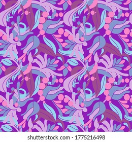 Modern colored seamless violet pattern with flowers and geometric elements. Purple, blue and pink colors
