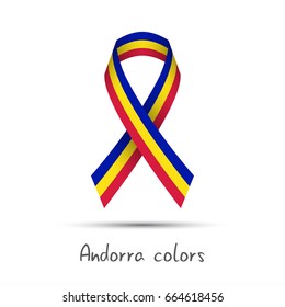 Modern colored vector ribbon, Andorra tricolor isolated on white background, flag of Andorra, Made in Andorra logo