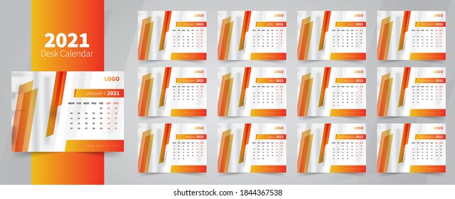 Modern colorful 2021 calendar design, calender design for 2021, professional desk calendar design week start on monday, Orange color clean desk calendar design.