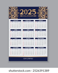 Modern colorful 2025 yearly printable calendar design template. This calendar is Ideal for planning and organization, this yearly calendar enhances any office or home space. vector illustration.