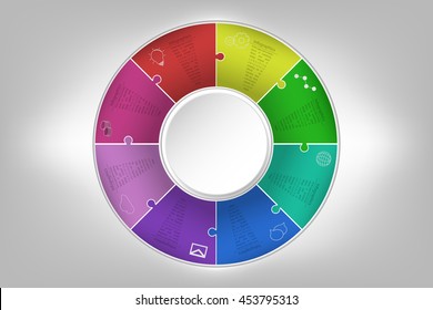 Modern colorful 8 steps timeline infographics in jigsaw shape. Eight steps business infographic diagram with outline icons in rounded puzzle shape embossed to background with inner 3D circle.