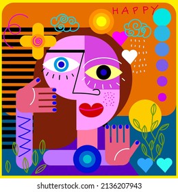 Modern colorful abstract art portrait of different people face vector illustration.