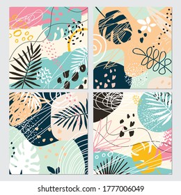 Modern colorful abstract art templates with floral and geometric elements. Trendy summer cards for different events, invitation, wedding, birthday, party.