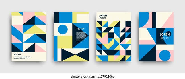 Modern colorful abstract geometric covers set. Minimal creative templates design. Cool paper mosaic shapes. Poster background composition. Vector illustration.