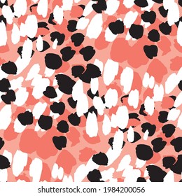 Modern colorful abstract leopard animal seamless texture. White, black and pink hand drawn rapport for background, textile, surface, web, print design.  African animal skin print vector pattern. 