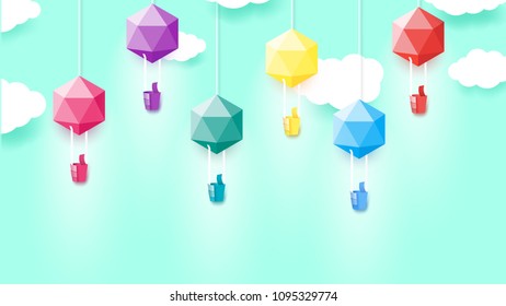 Modern Colorful Abstract Paper Style Polygonal Baloons With Conceptual Wizard As Thumb Up Sign. Template For Social Media Design.