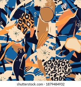 Modern colorful abstract pattern with leopard print. Creative collage contemporary seamless pattern. Fashionable template for design.