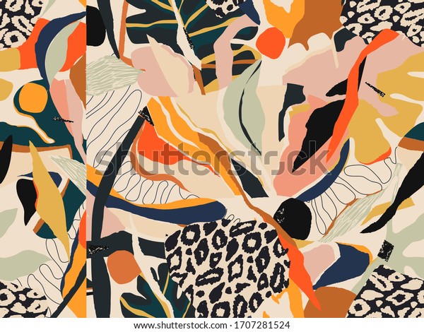 Modern colorful abstract pattern with leopard\
print. Creative collage contemporary seamless pattern. Fashionable\
template for design.