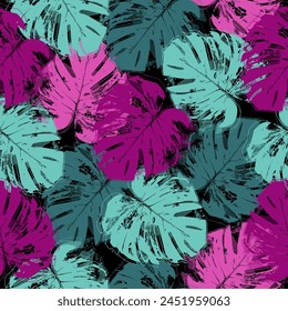 Modern colorful abstract patterns. Hand drawn trendy illustrations.  Tropical palm Seamless vector wallpaper on dark background.