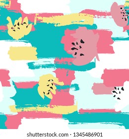 Modern colorful abstract seamless pattern with textured hand drawn painted brush strokes for fabric, textiles, stationery,web design