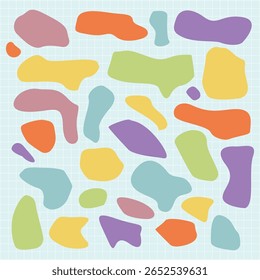 Modern Colorful abstract shapes in a seamless pattern. Abstract shapes in pastel colors. A variety of abstract shapes create a playful and vibrant design. Colorful shapes, fun element set.