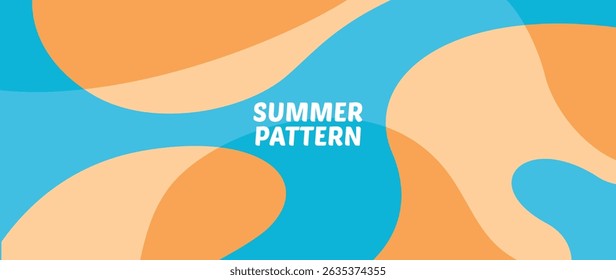 Modern and colorful abstract summer pattern background with flowing organic shapes in orange, yellow, and blue tones. Perfect for seasonal banners, summer promotions, and tropical event posters.