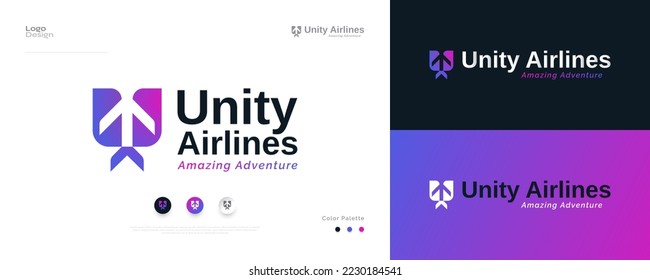 Modern and Colorful Airplane Logo Design with Initial Letter U. Abstract Plane Logo or Icon, Suitable for Aviation, Tourism or Travel Business Logo