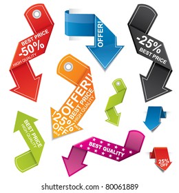 Modern, colorful arrow shaped price tag set with different color and design variations