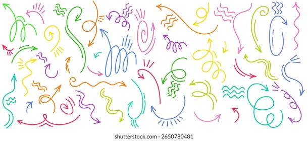 Modern colorful arrows and curly lines for creative design projects, UI UX elements and brand visuals, vector