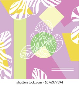 Modern colorful background with square and leafs on pink