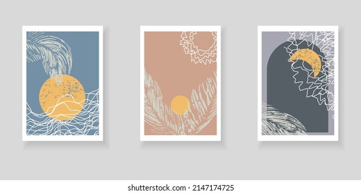 Modern colorful backgrounds with palm leaves and the moon. Set of creative templates for posters, covers, cards, wall decor. Minimalistic style, grunge texture and doodle elements.