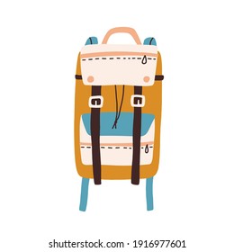 Modern colorful backpack with straps and pockets isolated on white background. Travel or hiking bag. Colored flat vector illustration