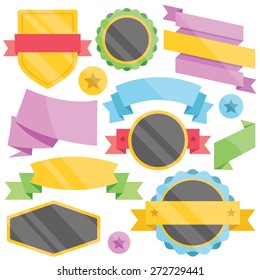 Modern colorful badges, web stickers. tags, labels and ribbons templates set. Red, yellow, green, black and blue colors. Vector illustration. Isolated on white background