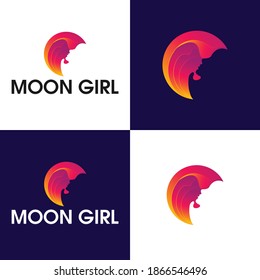 modern and colorful beautiful moon logo with female face template vector