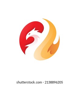 Modern colorful bird head and fire wing logo design. Abstract phoenix vector icon